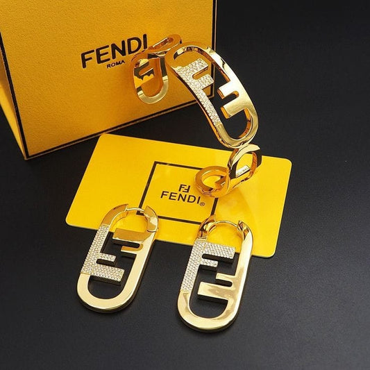 Elegant Fendi-Inspired Gold Jewelry Set – Bracelet & Earrings